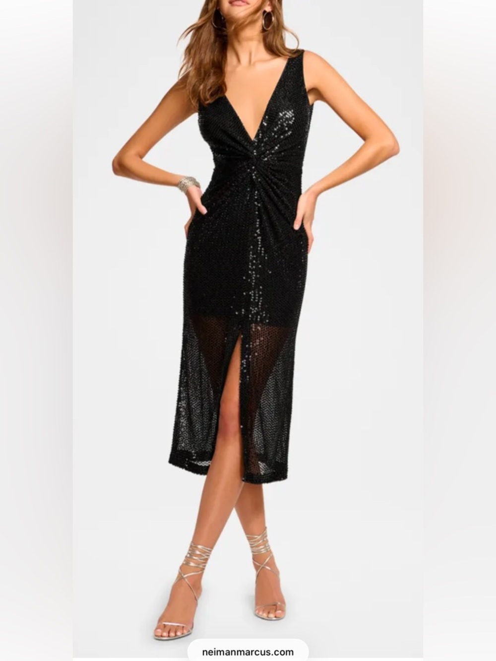 Ramy Brook Black Sequin Twist-Front V-Neck Midi Dress - Picture 1 of 8